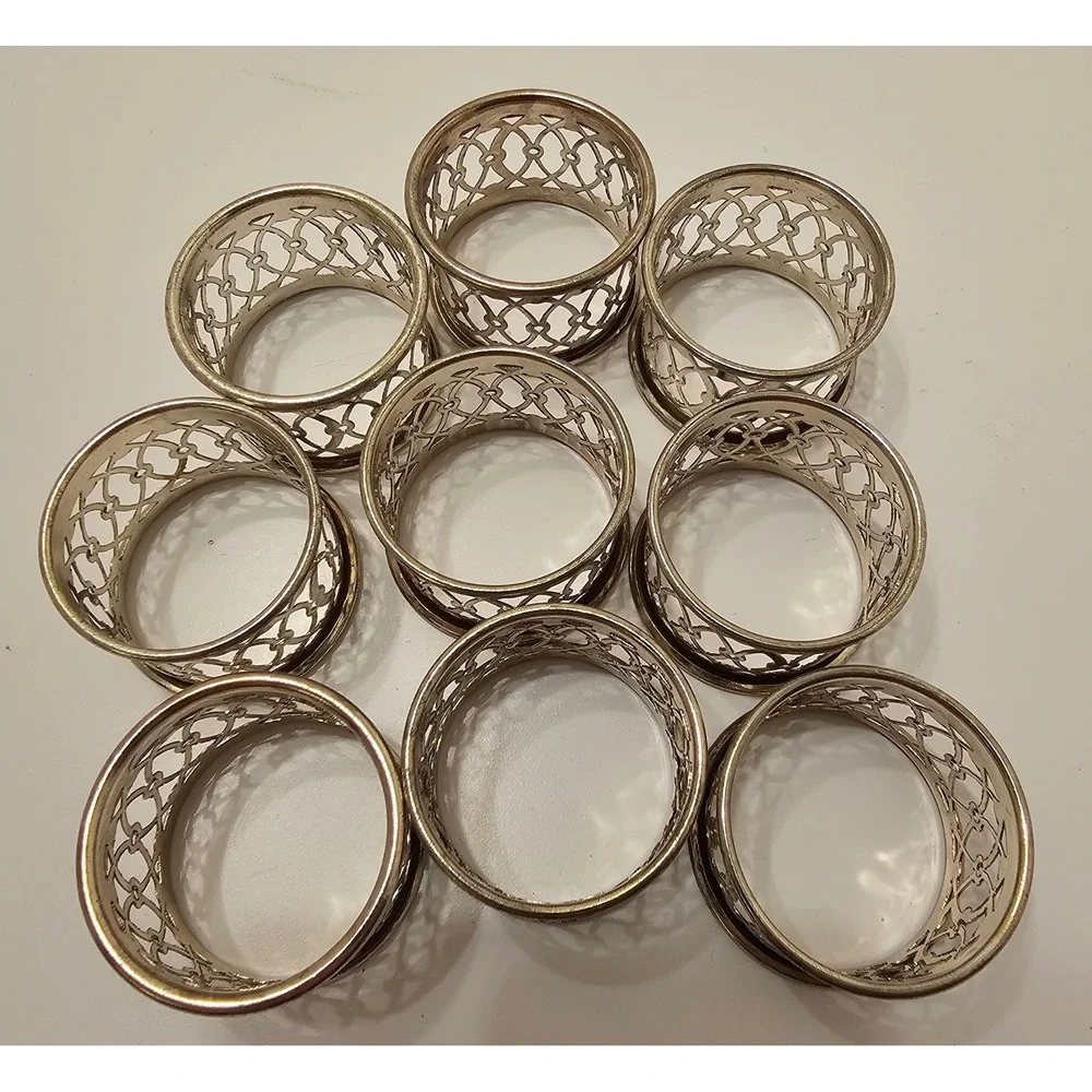 Vintage Silver Toned Filigree Napkin Rings Set of 9 Openwork Lattice Design